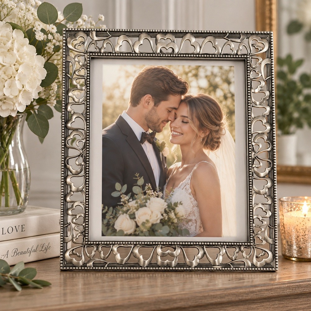 Silver Tone 8x10 Picture Frame Openwork Hearts Romantic Wedding Photo Decor